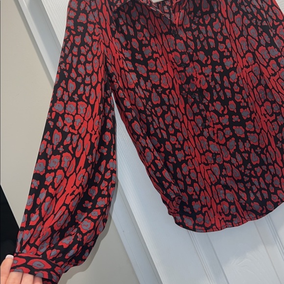 Bardot Mona Leopard Blouse Red Grey Black Collared Shirt Small Silky Long Sleeve - Picture 5 of 11